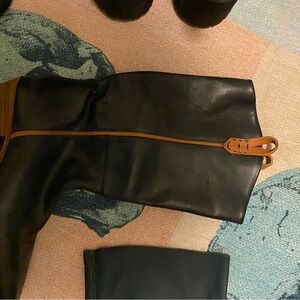 Free People Charcoal Leather Boots with Brown Trim